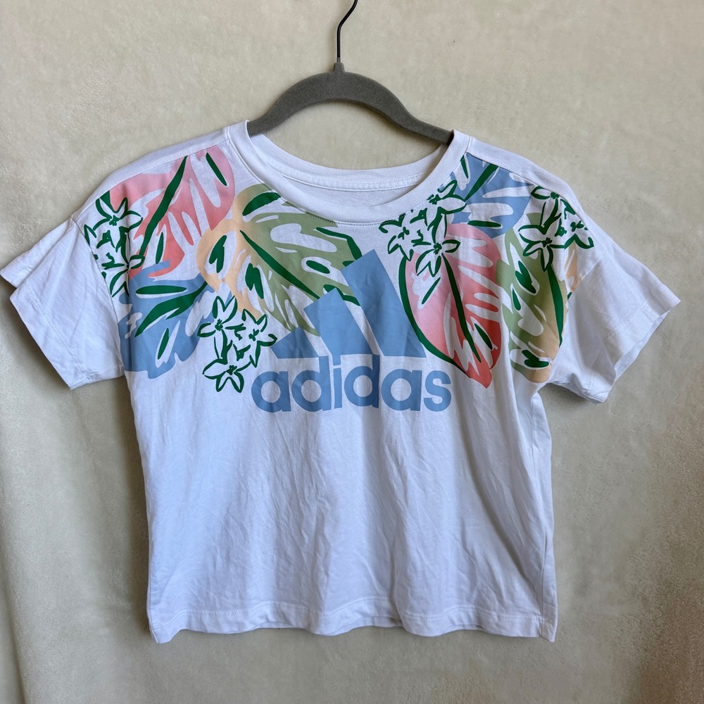 Adidas Girls White Loose Fit Graphic Tee Pastel Tropical Leaf Floral Logo S 7/8